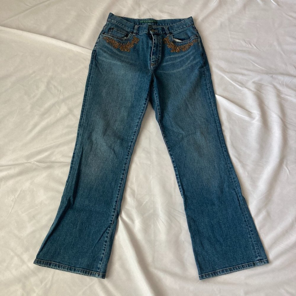 Lauren Jeans Co. Ralph Lauren Women Golden Brown Embroidered Beaded Blue Jean 8